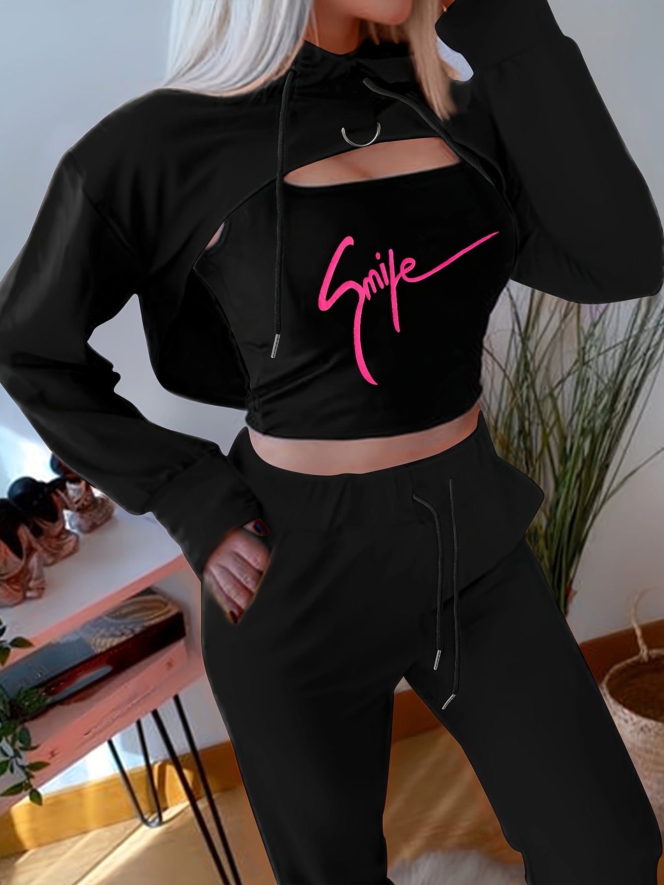 Three-Piece Outfit Set - Cozy Long Sleeve Hoodie, Stylish Scoop Neck Crop Top, and Comfortable Drawstring Waist Jogger Pants with Color Block Design and SMILE Print - Womens Complete Casual Clothing Set for Versatile Wardrobe